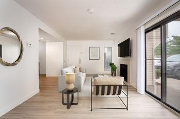 Living room with plank wood style flooring
